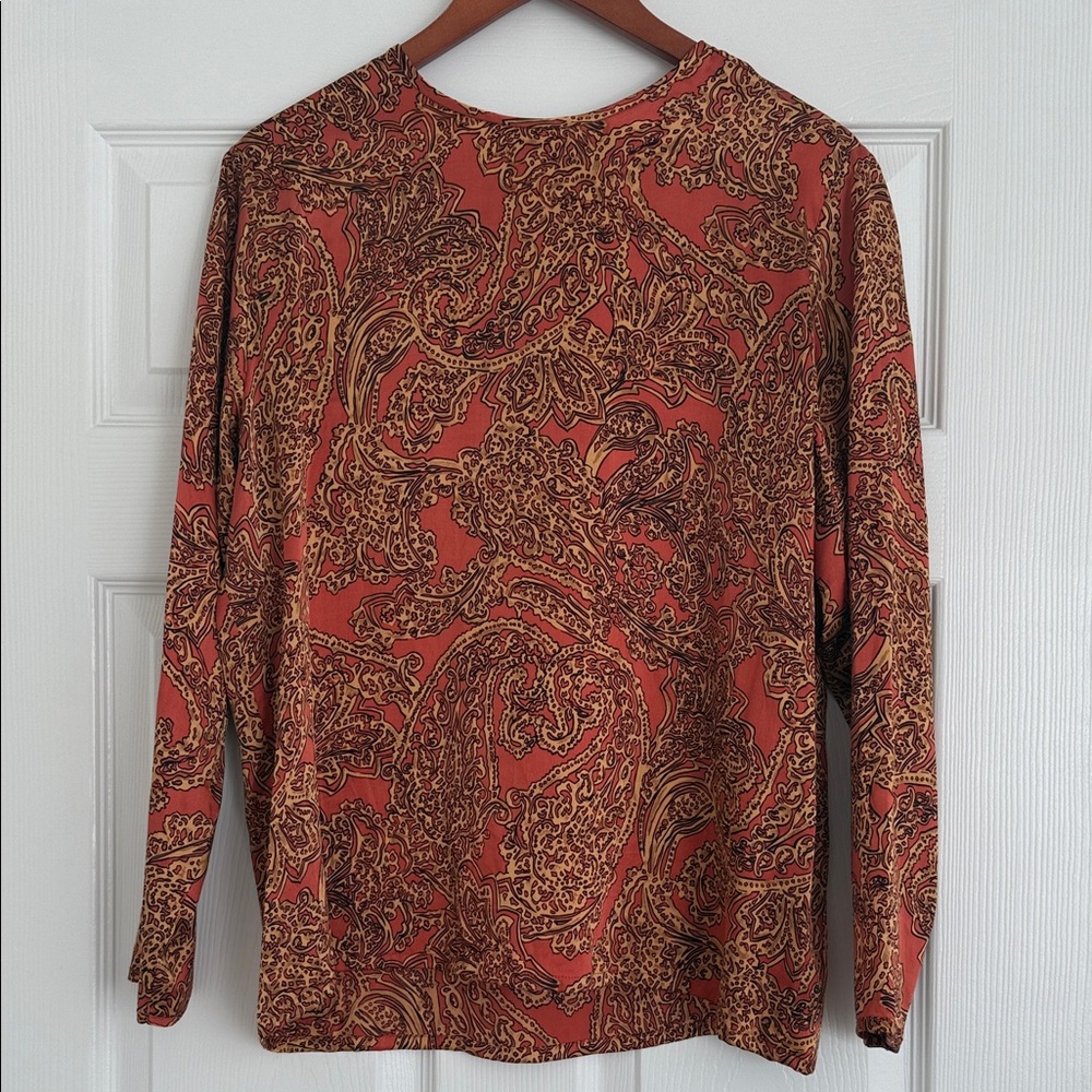 Amanda Fielding Paisley Long Sleeve Orange 100% silk Top sz 12 Korea